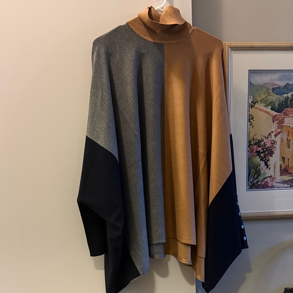 Alfani Women’s Turtleneck Poncho Gray, Black, and Tan Size 2X NWT